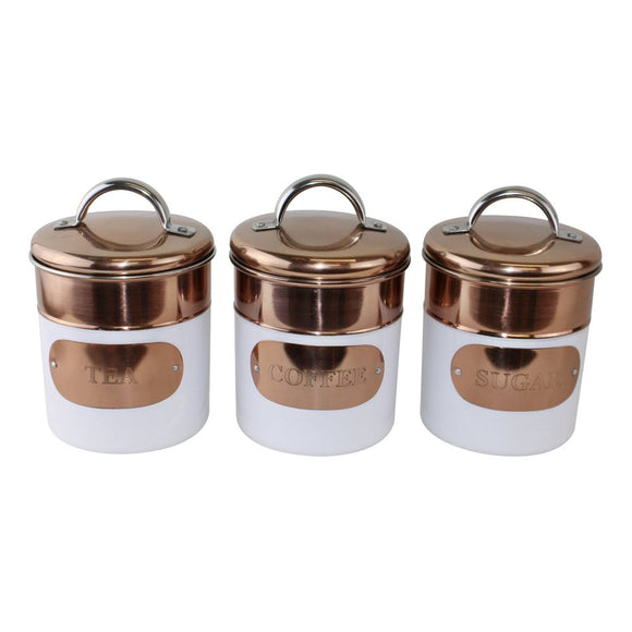 Tea, Coffee & Sugar Canisters, Copper & White Metal Design - Set Of 3