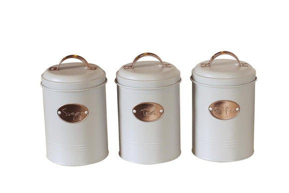Tea, Coffee & Sugar Canisters, Matt Light Grey With Copper Handle - Set Of 3