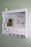 Vintage Country Style Wall Unit in White with Hooks, Drawers & Shelf