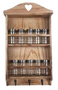 Rustic Wooden Spice Wall Rack Including 10 Jars